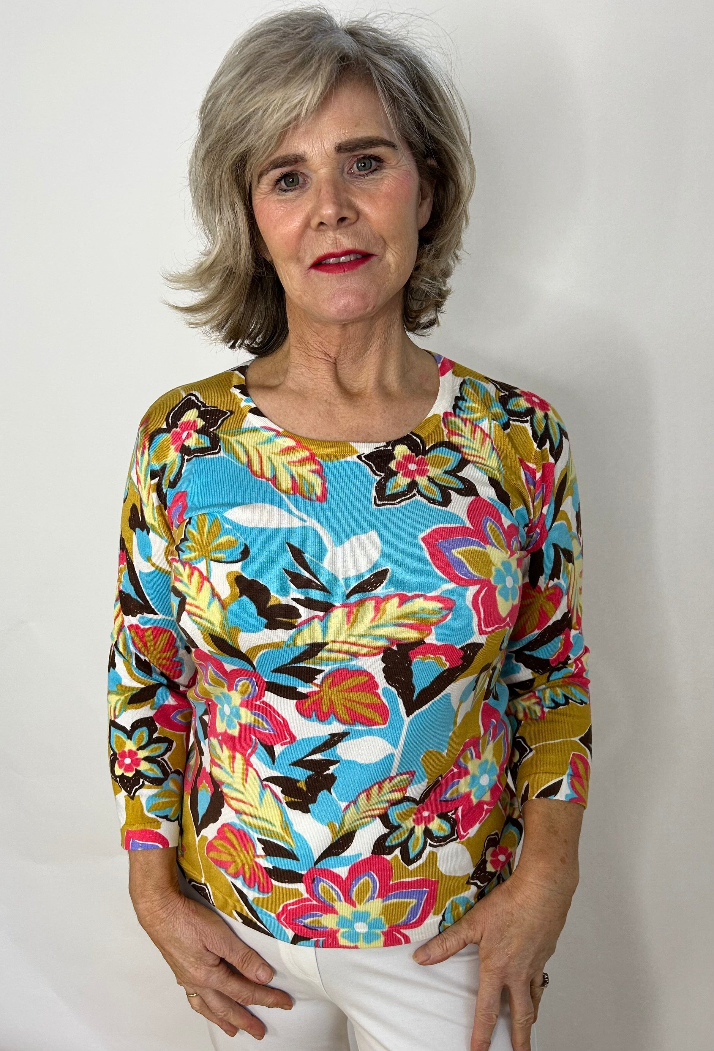 Multi Colour Floral Fine Knit Tops & knitwear Elmay Boutique