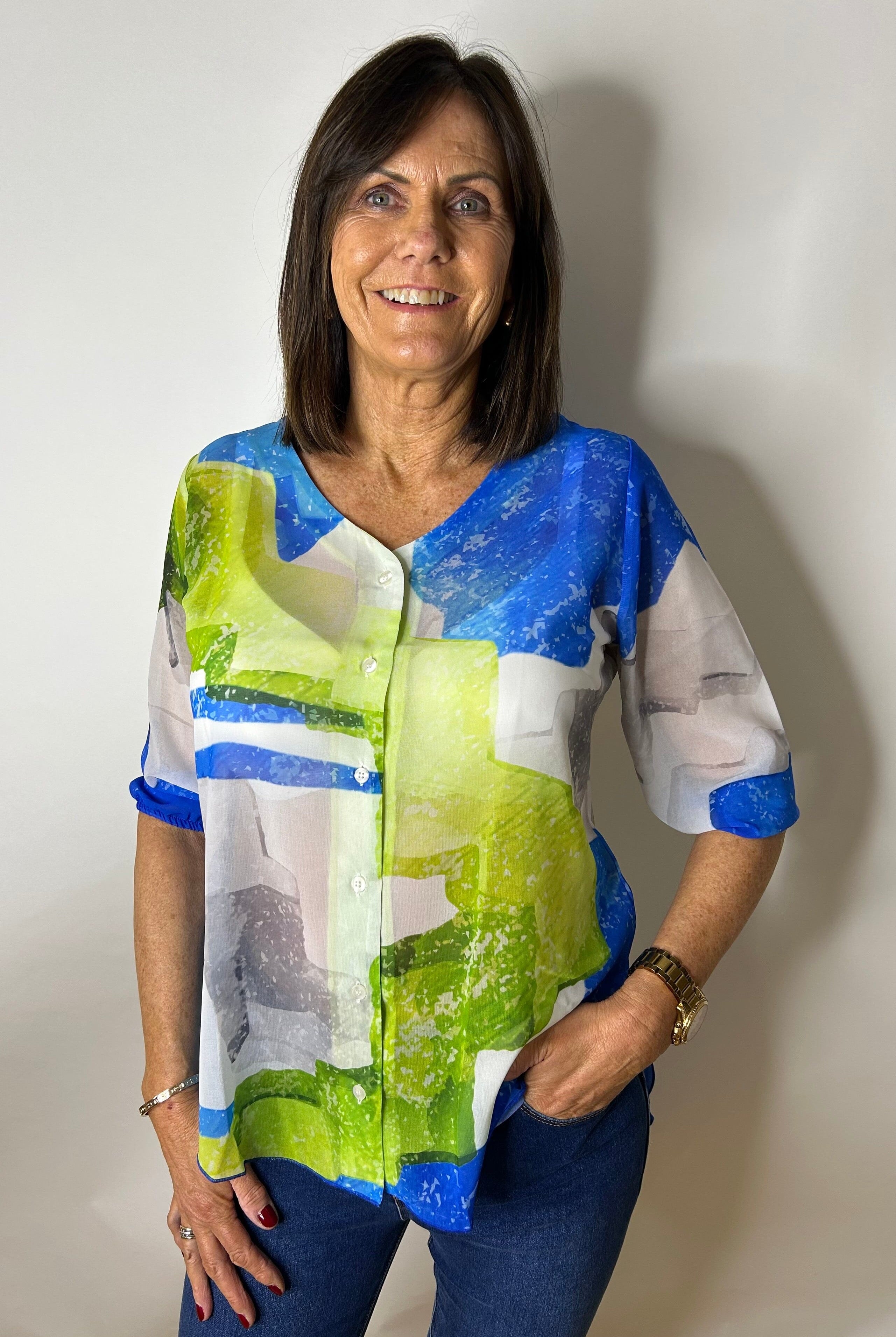 Peruzzi Blue & Green Sheer Top Tops & knitwear Elmay Boutique