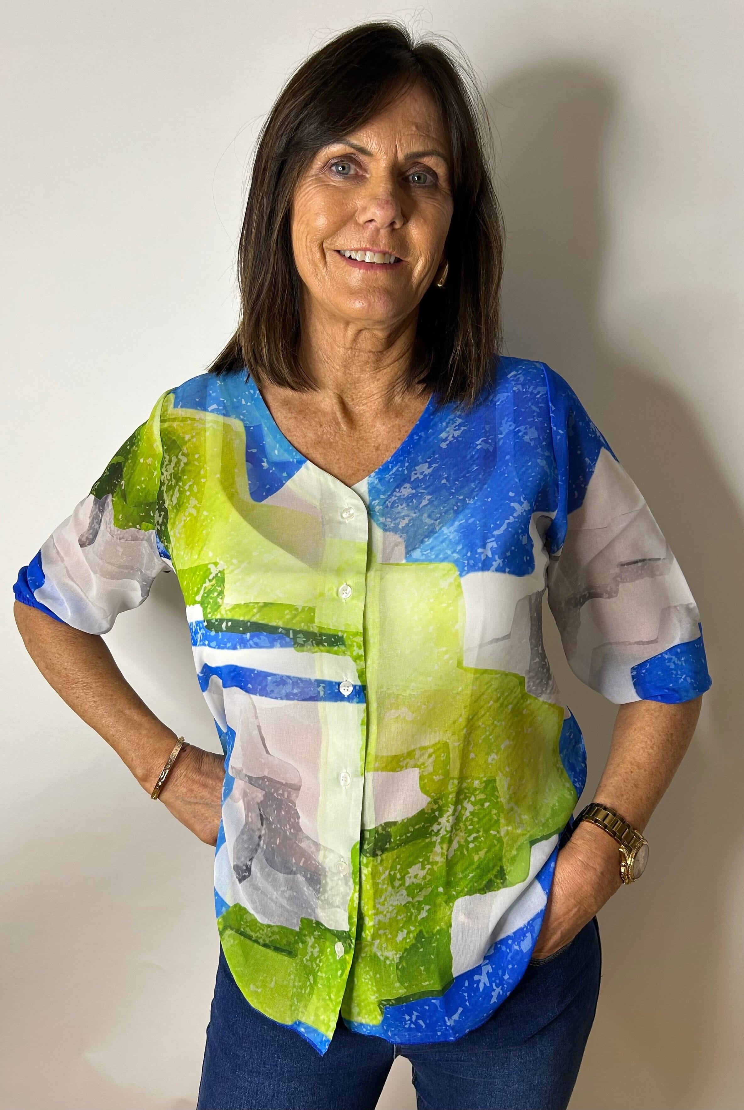 Peruzzi Blue & Green Sheer Top Tops & knitwear Elmay Boutique