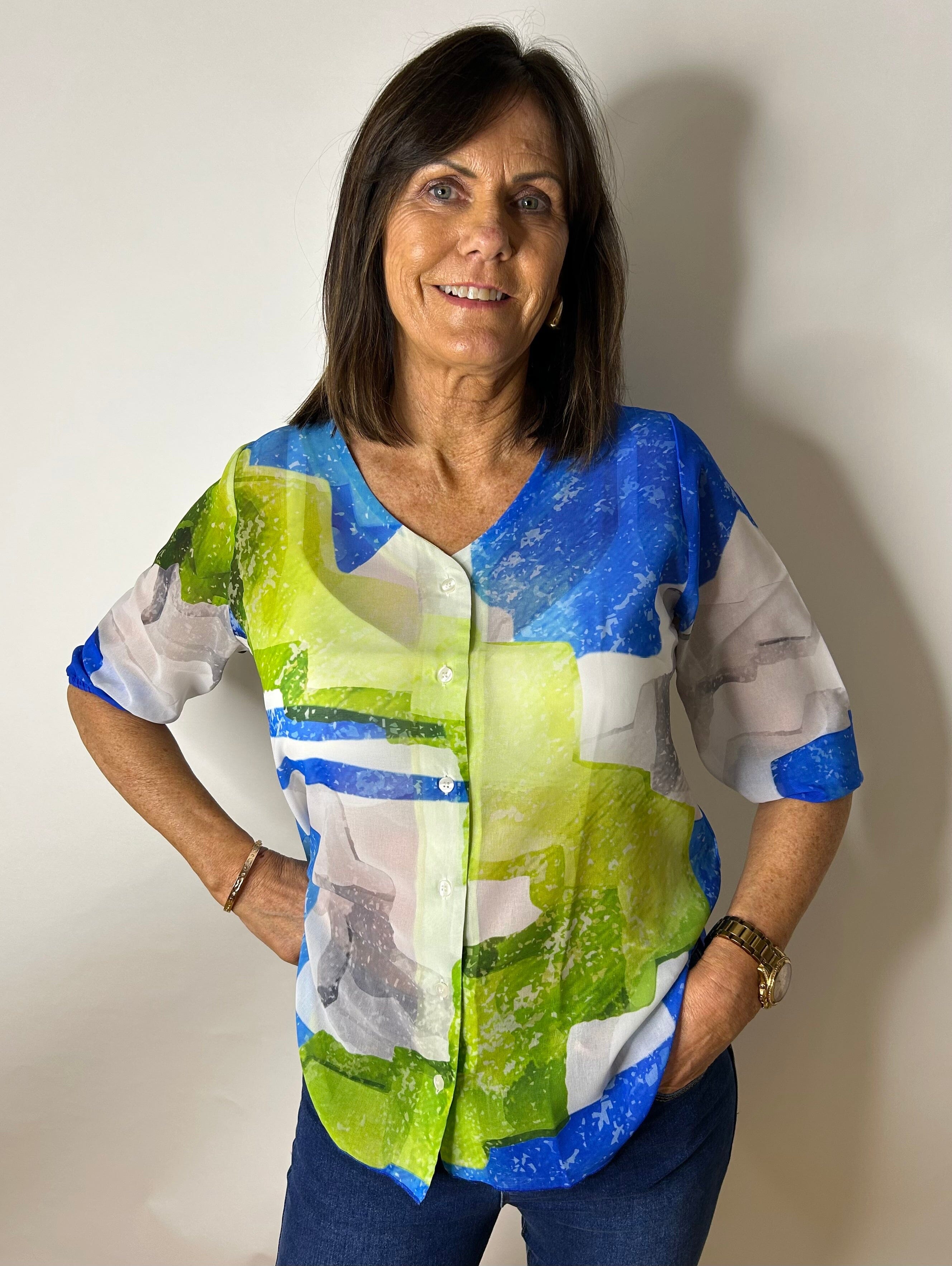 Peruzzi Blue & Green Sheer Top Tops & knitwear Elmay Boutique