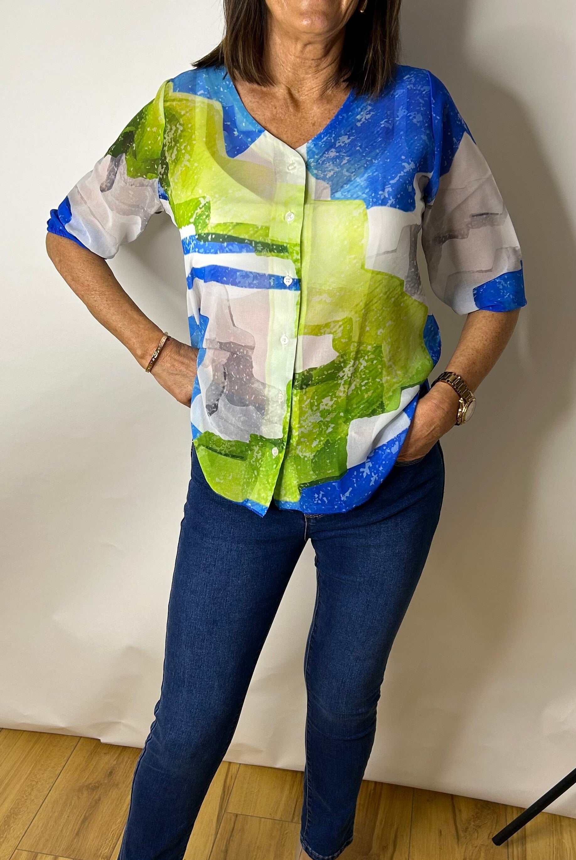 Peruzzi Blue & Green Sheer Top Tops & knitwear Elmay Boutique