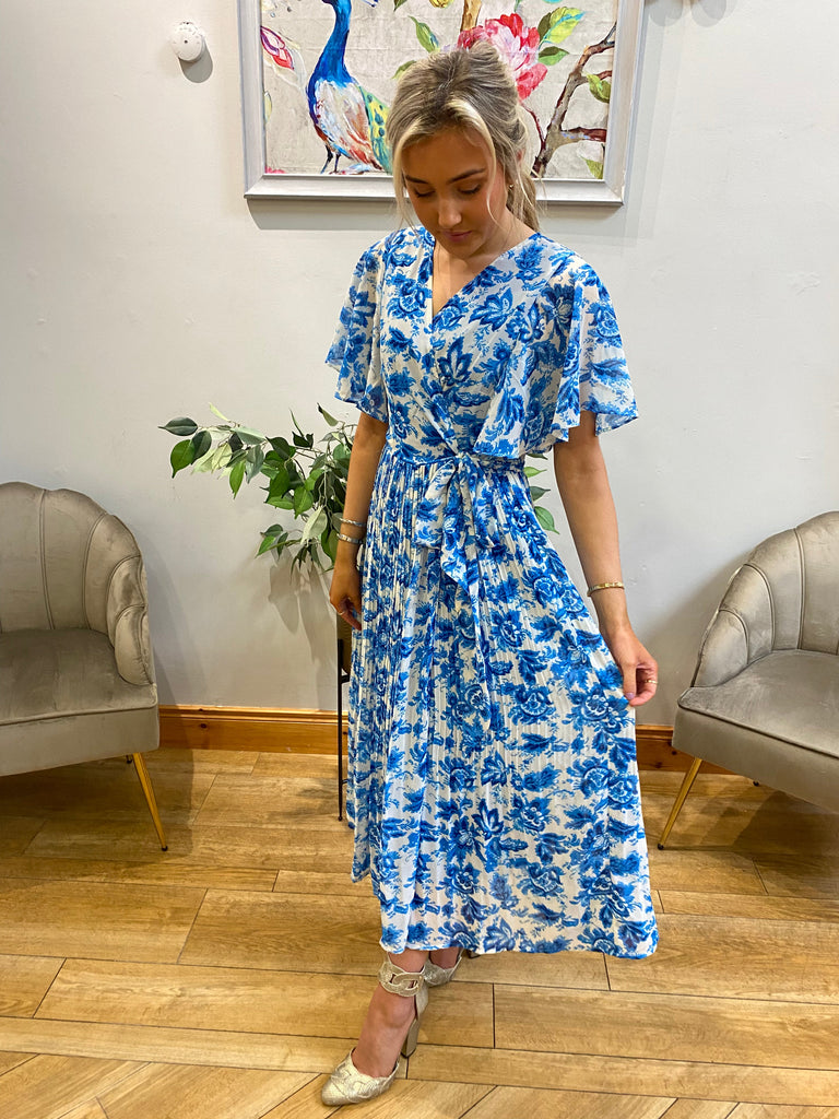 Blue Floral Pleat Dress Dresses Elmay Boutique 