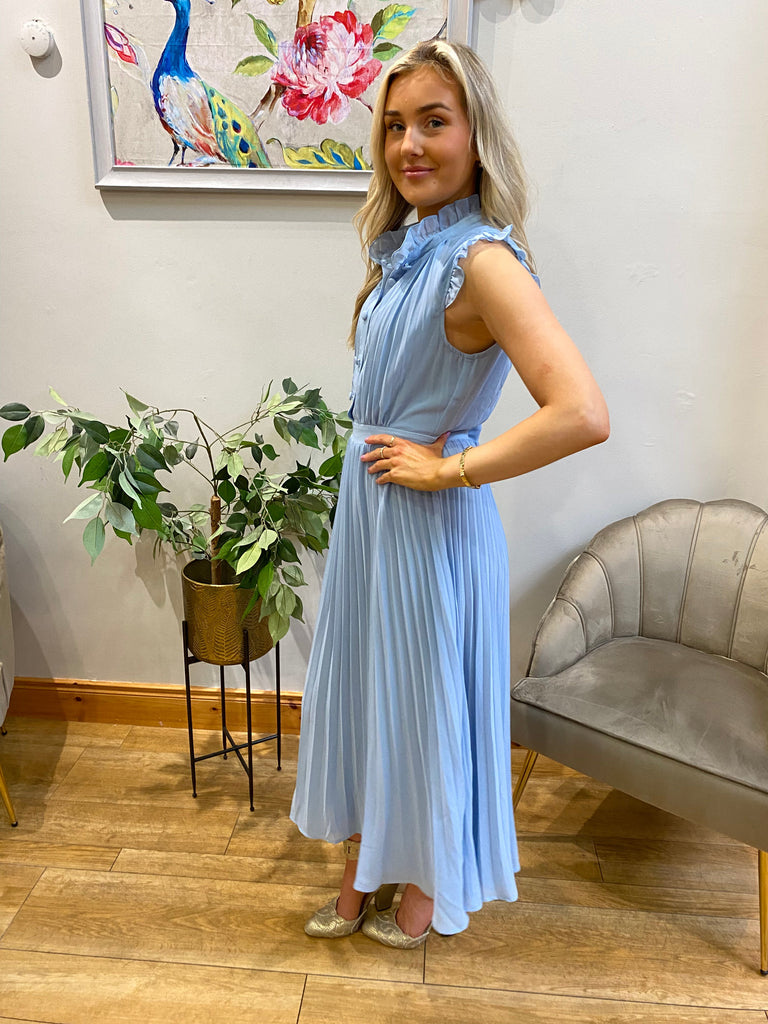 Blue Frill Pleat Dress Dresses Elmay Boutique 