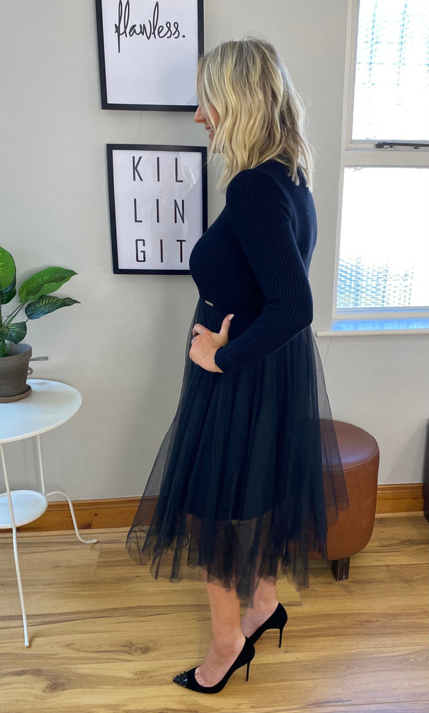 Black Tulle Stretch Knit Dress Dresses Elmay Boutique 