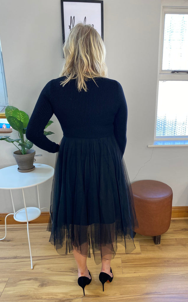 Black Tulle Stretch Knit Dress Dresses Elmay Boutique 