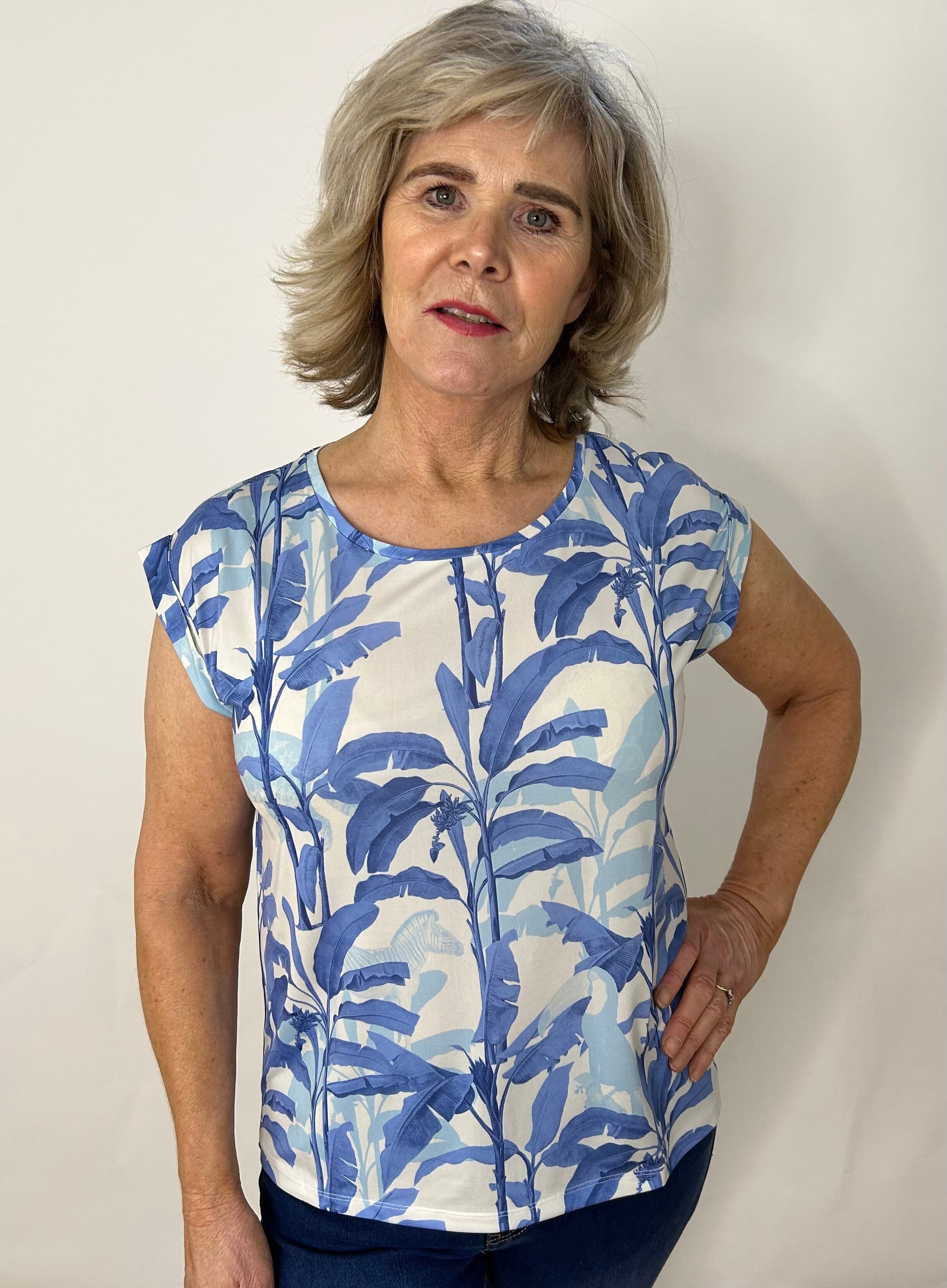 Blue Tone Palm Print Top Tops & knitwear Elmay Boutique 