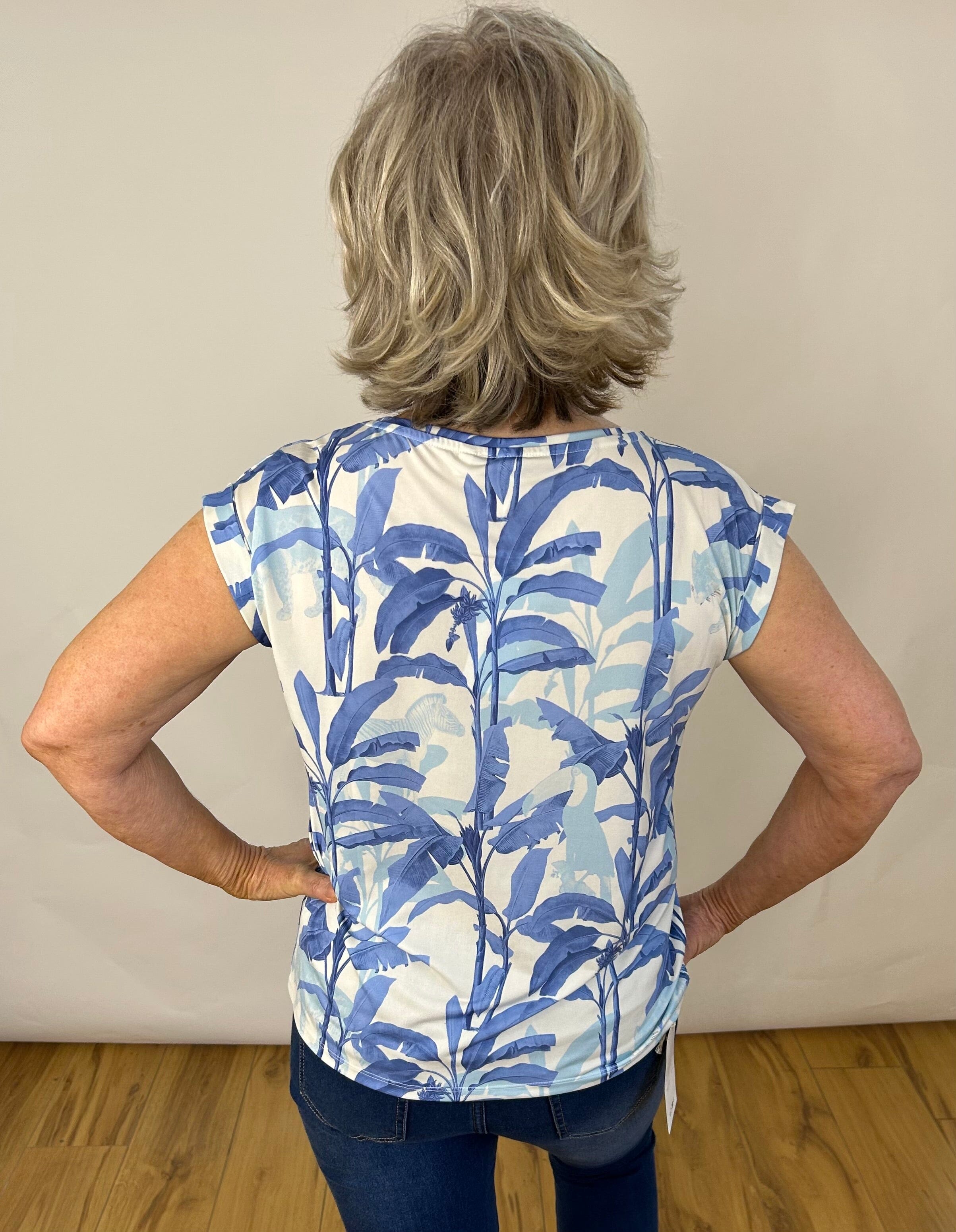 Blue Tone Palm Print Top Tops & knitwear Elmay Boutique 