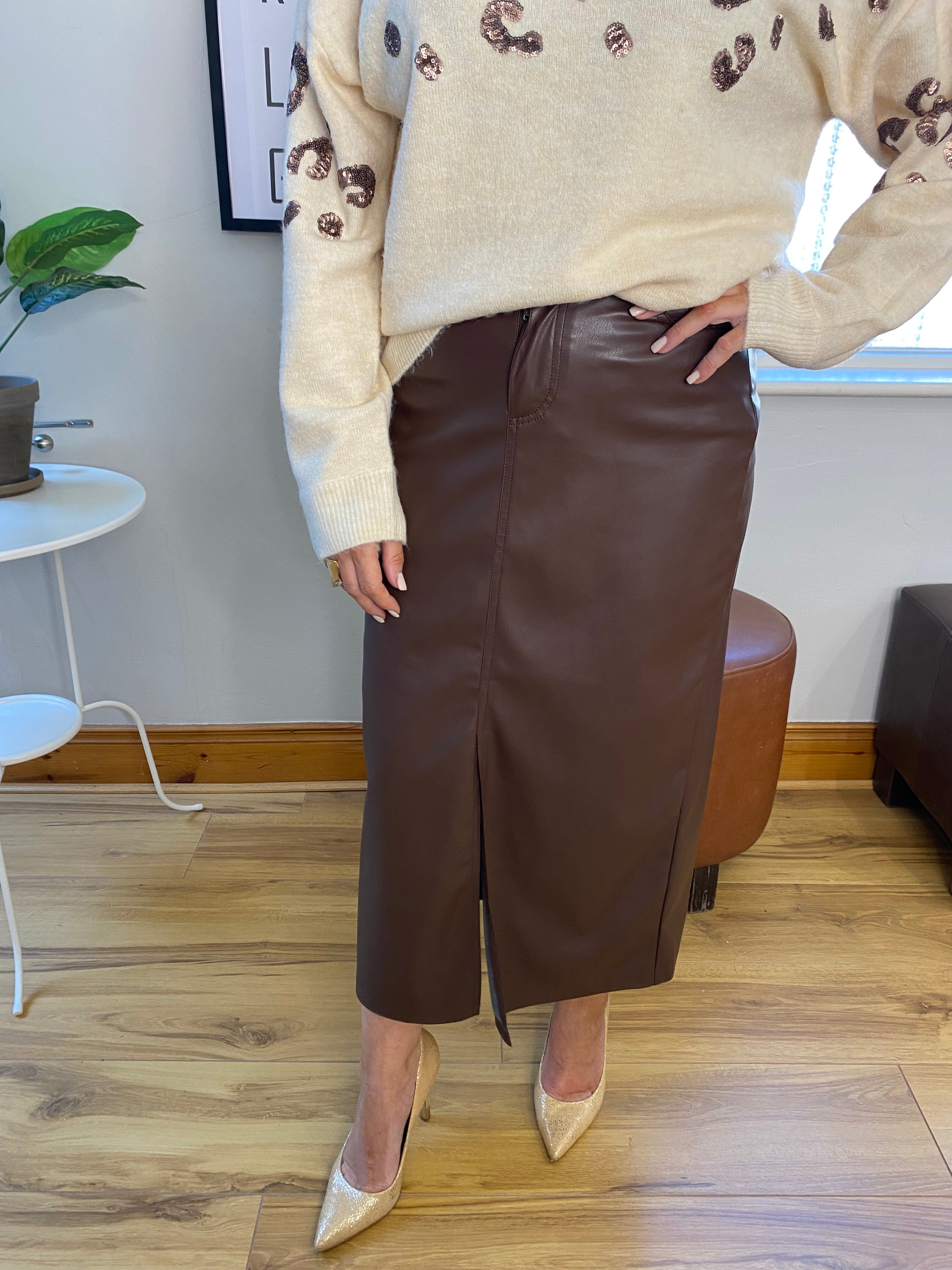 Brown Faux Leather Straight Skirt Trousers & Skirts Elmay Boutique 