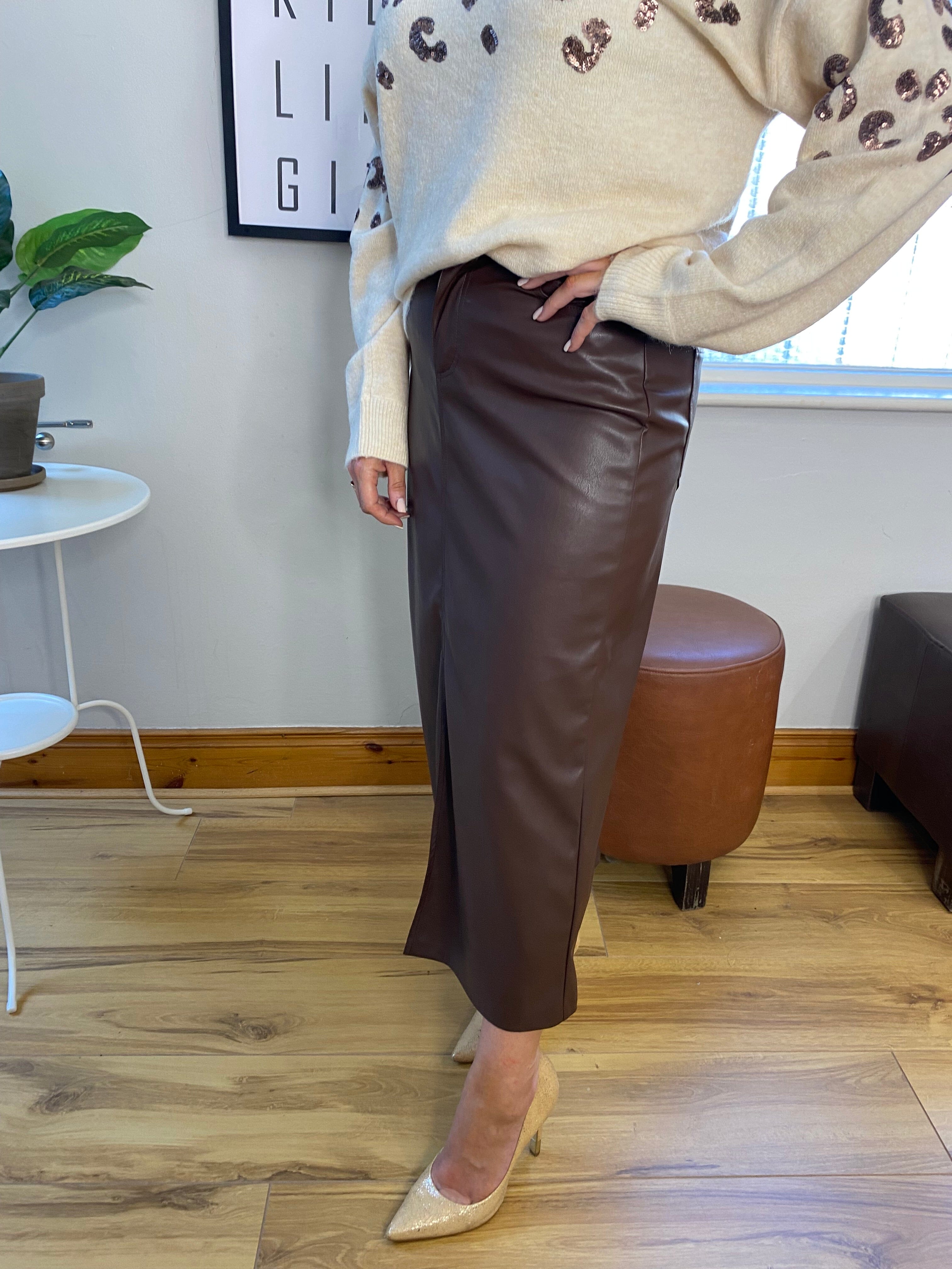 Brown Faux Leather Straight Skirt Trousers & Skirts Elmay Boutique 