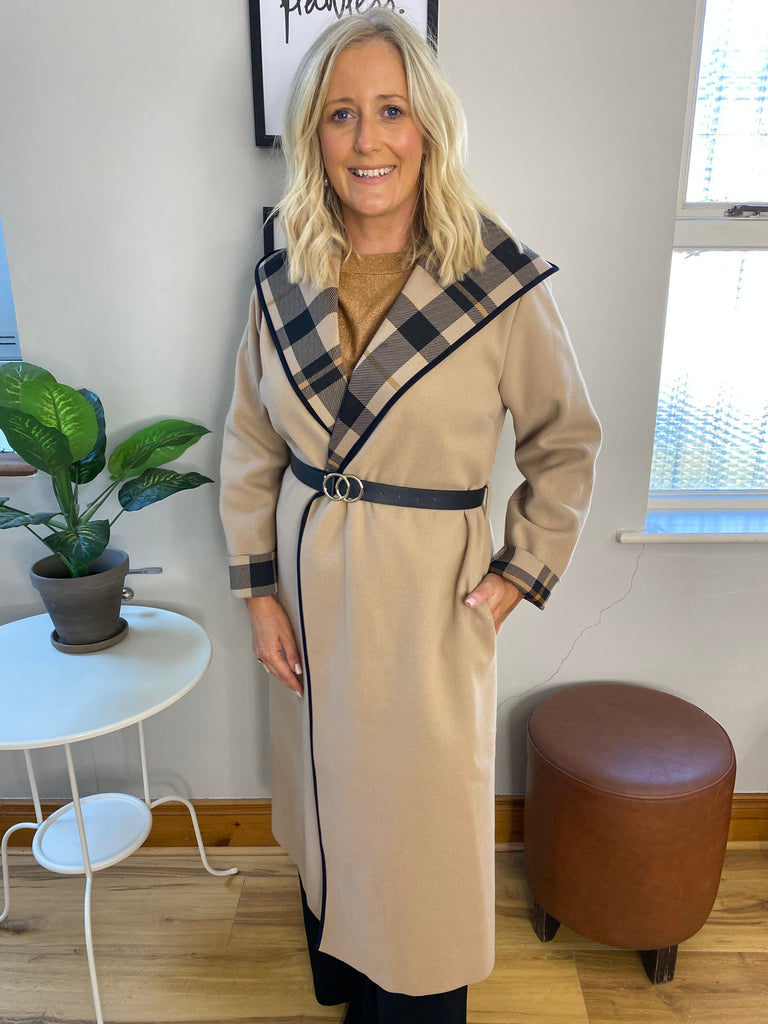 Camel Check Belted Coatigan Coats & Jackets Elmay Boutique 