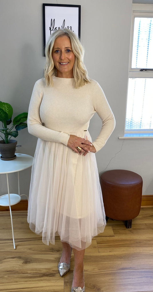 Cream Tulle Stretch Knit Dress Dresses Elmay Boutique 