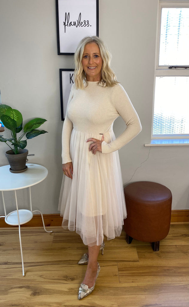 Cream Tulle Stretch Knit Dress Dresses Elmay Boutique 