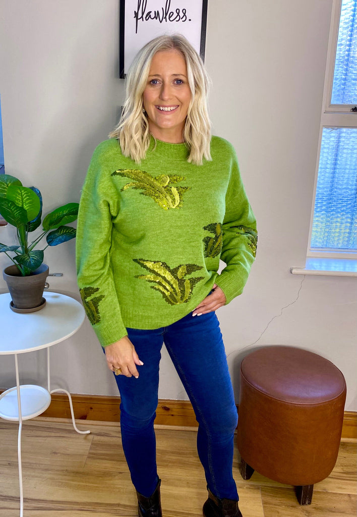 Green Embellished Knit Jumper Tops & knitwear Elmay Boutique 