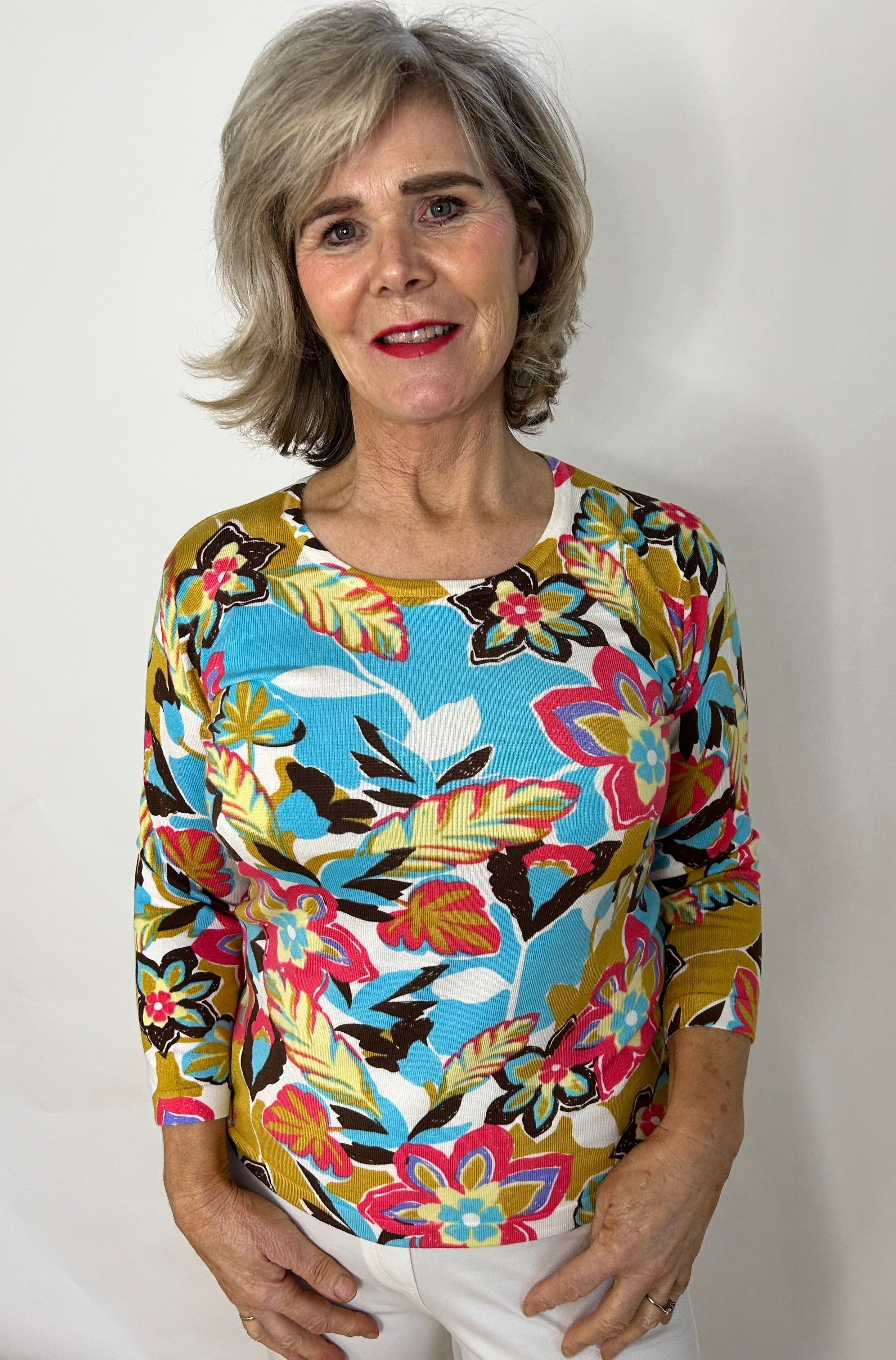 Multi Colour Floral Fine Knit Tops & knitwear Elmay Boutique 