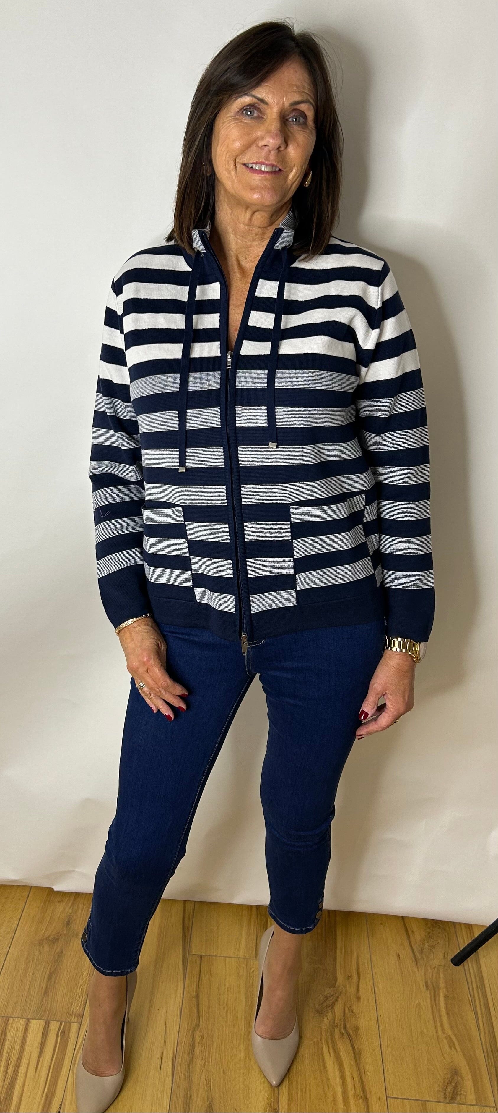 Navy & White Striped Cardi Jacket Tops & knitwear Elmay Boutique 