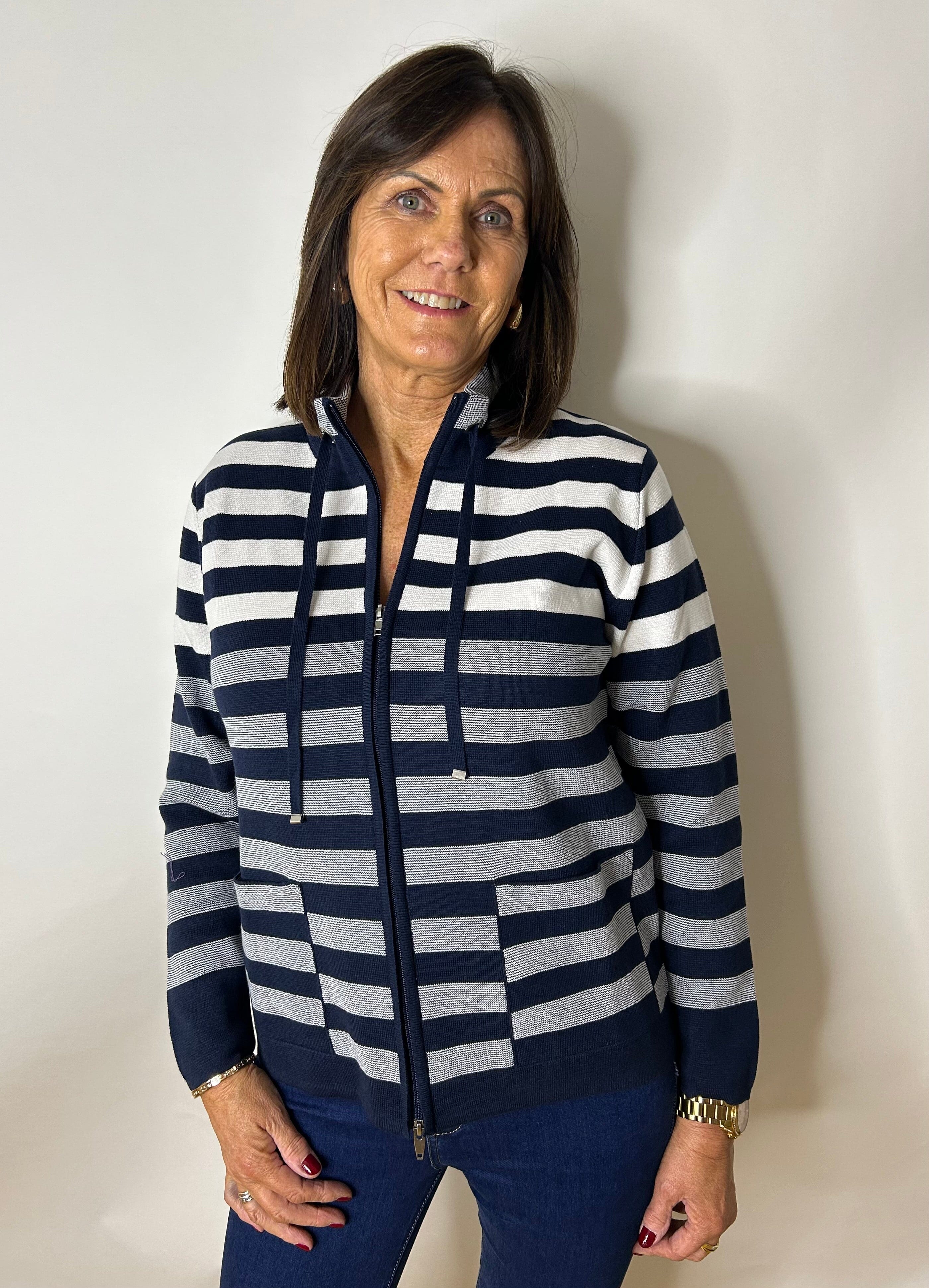 Navy & White Striped Cardi Jacket Tops & knitwear Elmay Boutique 