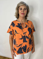 Orange & Navy Floral Print Top Tops & knitwear Elmay Boutique 