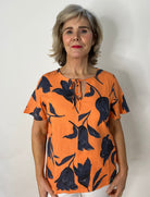 Orange & Navy Floral Print Top Tops & knitwear Elmay Boutique 