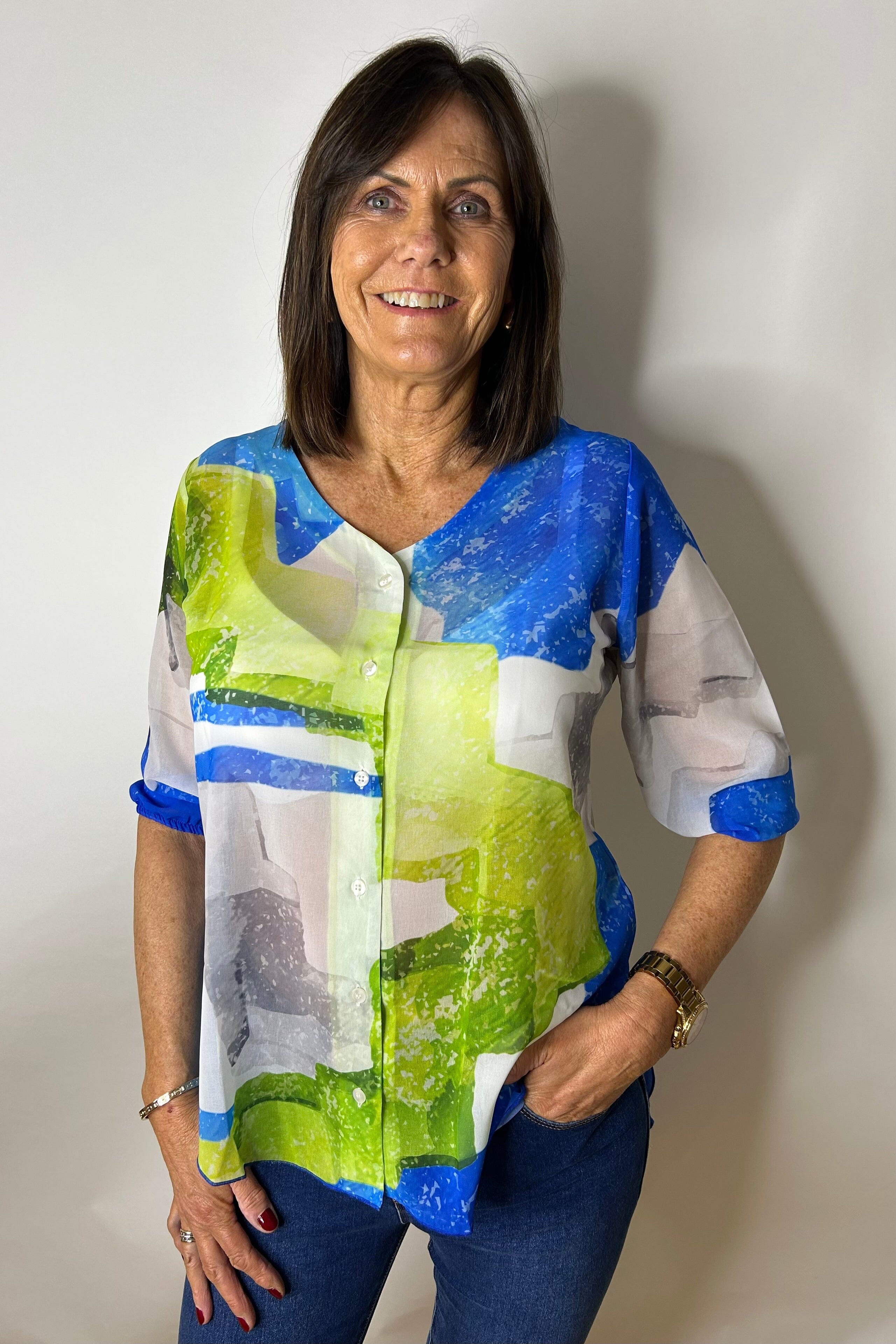 Peruzzi Blue & Green Sheer Top Tops & knitwear Elmay Boutique 