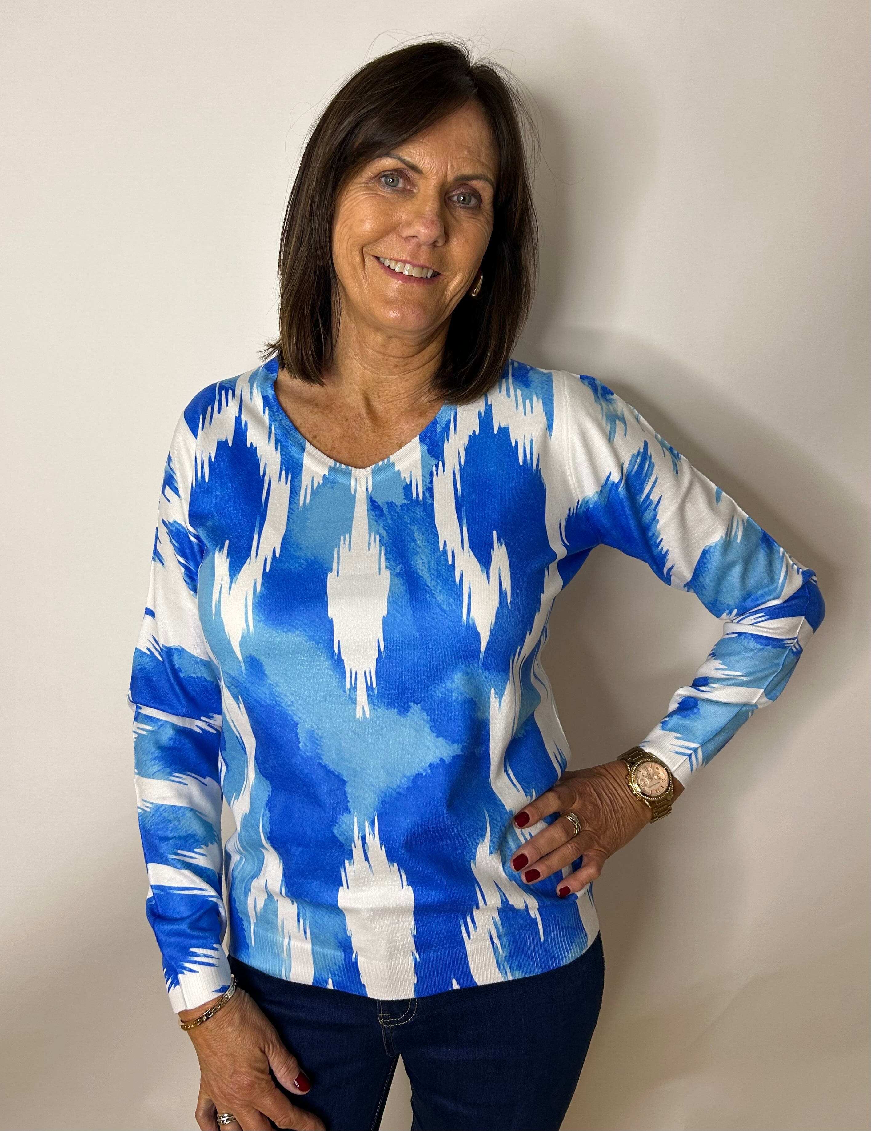 Peruzzi Blue Print Fine Jumper Tops & knitwear Elmay Boutique 