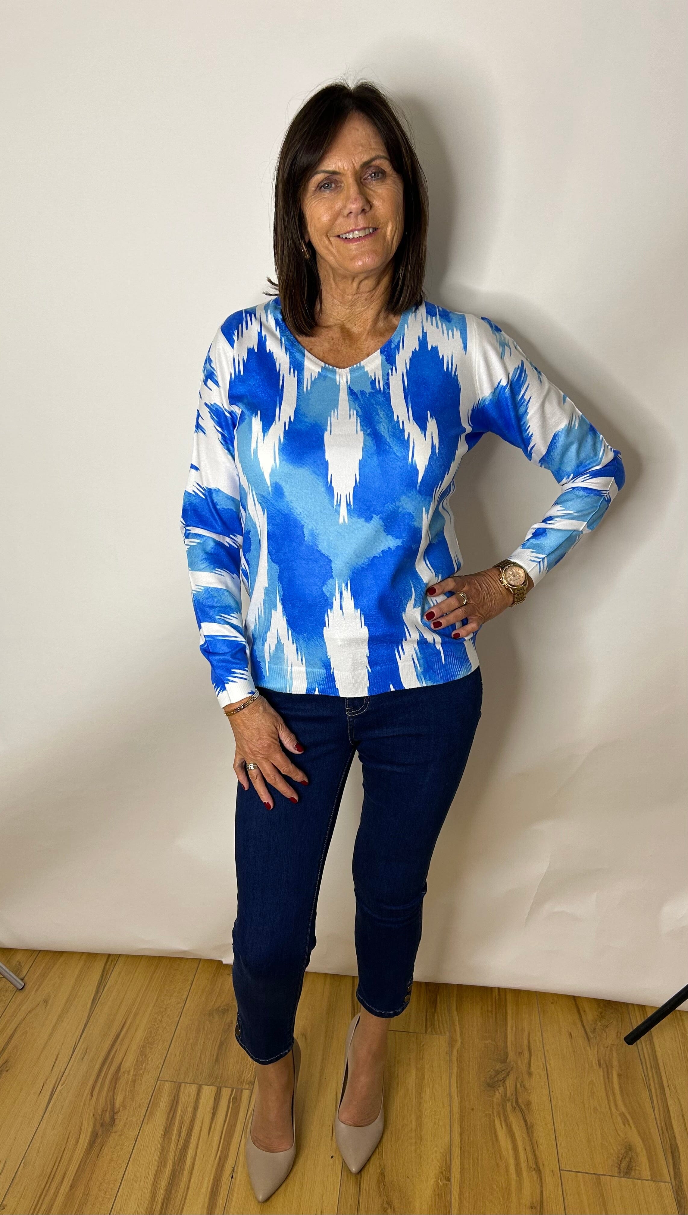 Peruzzi Blue Print Fine Jumper Tops & knitwear Elmay Boutique 