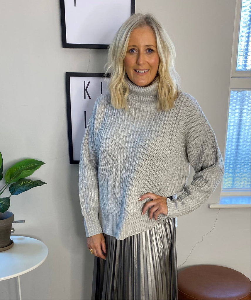 Silver Grey Chunky Knit Polo Tops & knitwear Elmay Boutique 