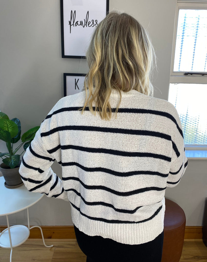 White & Black Fine Stripe Knit Tops & knitwear Elmay Boutique 