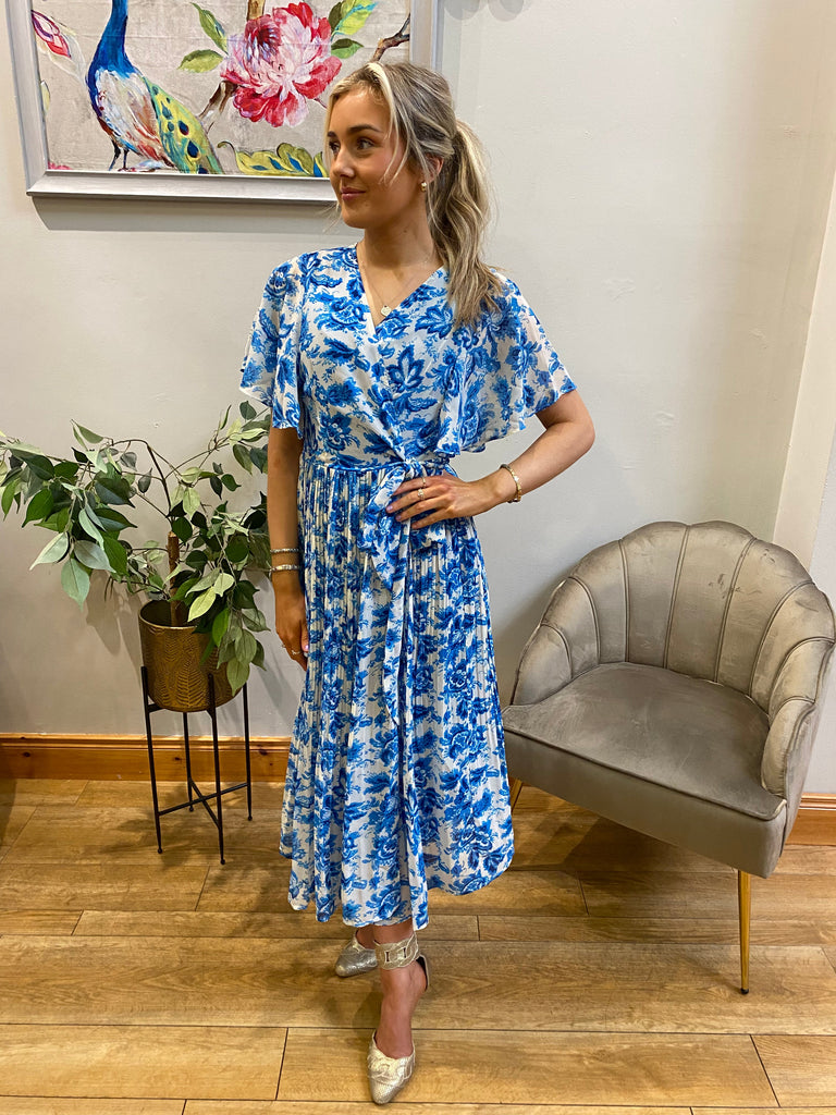 Blue Floral Pleat Dress Dresses Elmay Boutique 