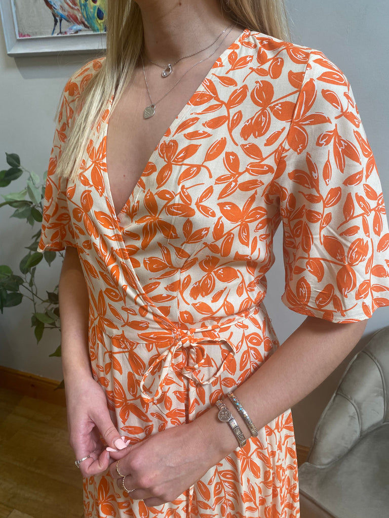 Orange Print Wrap Dress Dresses Elmay Boutique 