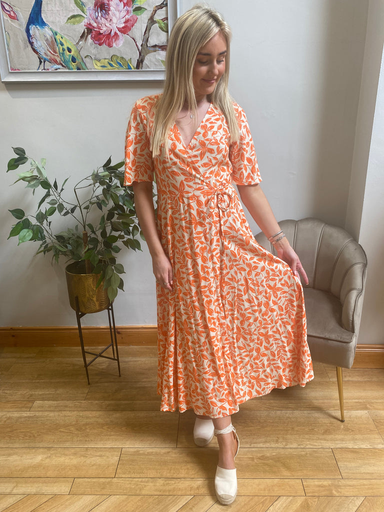 Orange Print Wrap Dress Dresses Elmay Boutique 